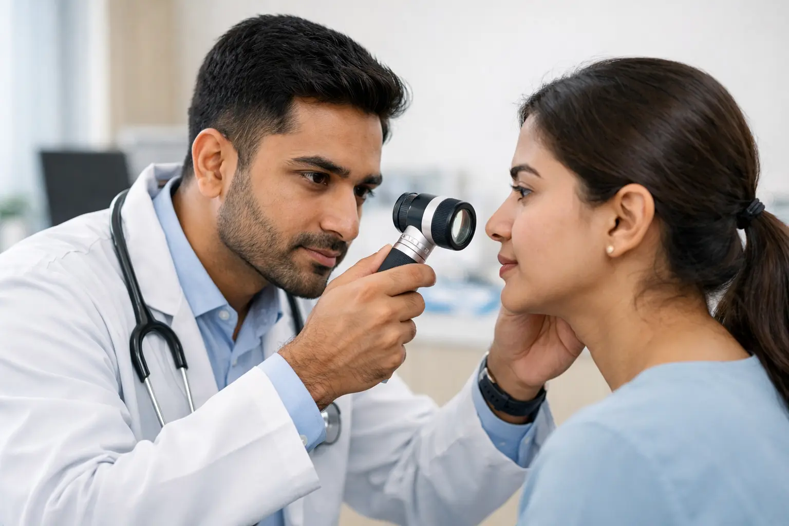Best skin doctor in Kishangarh examining patient skin with dermatoscope at Skinner Skin & Hair Clinic