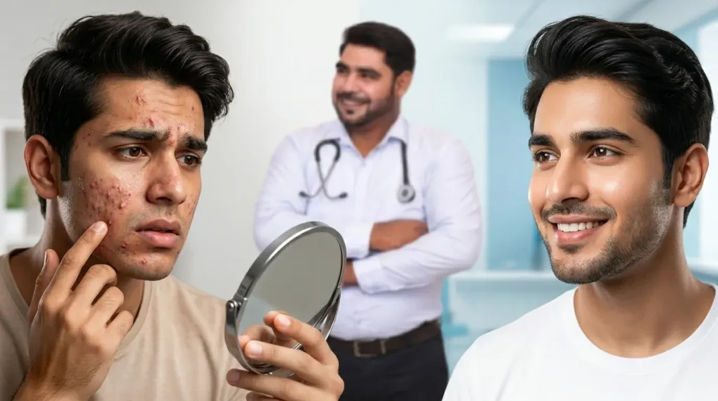 Skin Doctor in Kishangarh treating acne patient showing before and after skin improvement at dermatology clinic